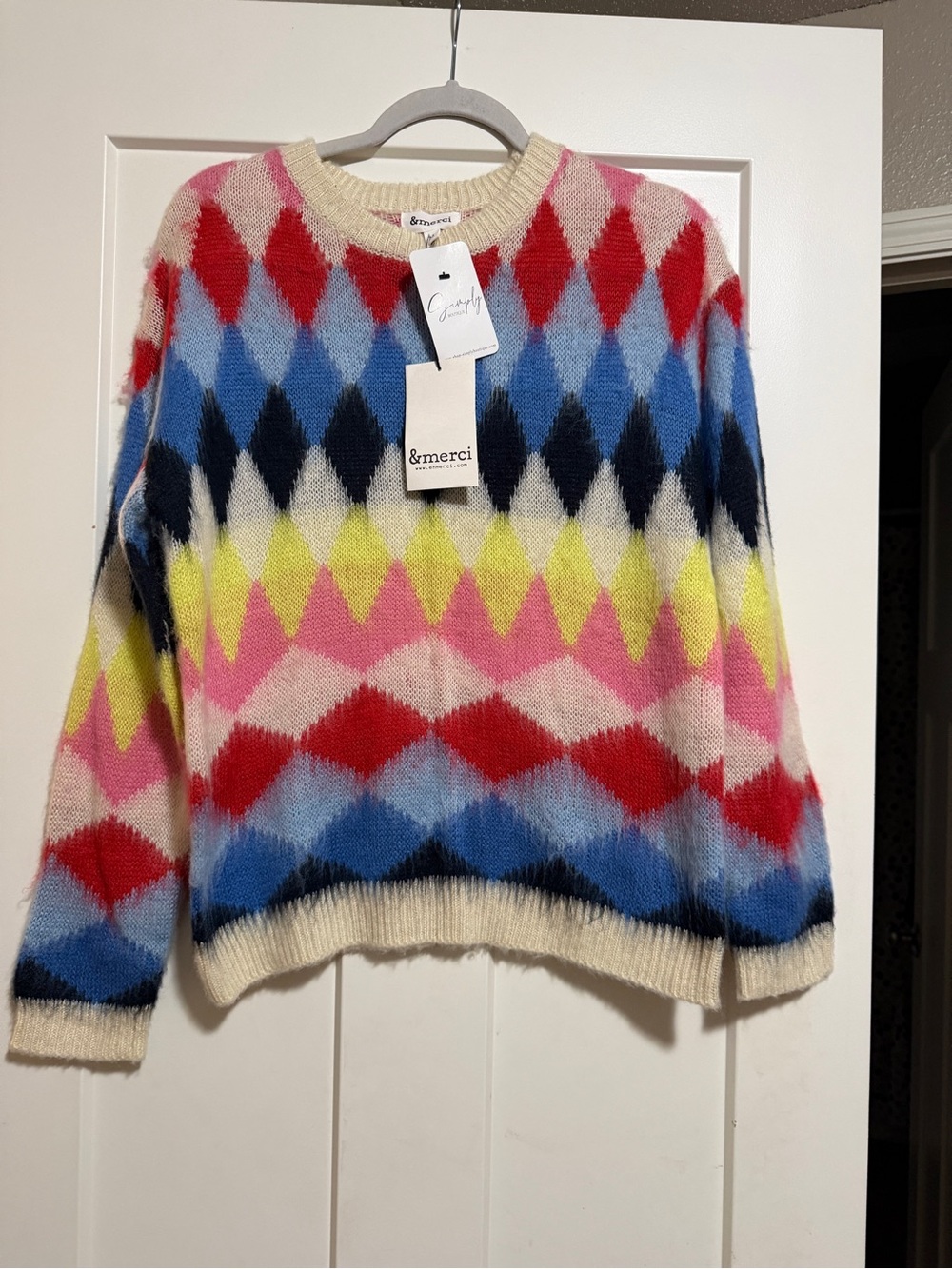 &merci Multicolor Argyle Crewneck Sweater - Cream Base